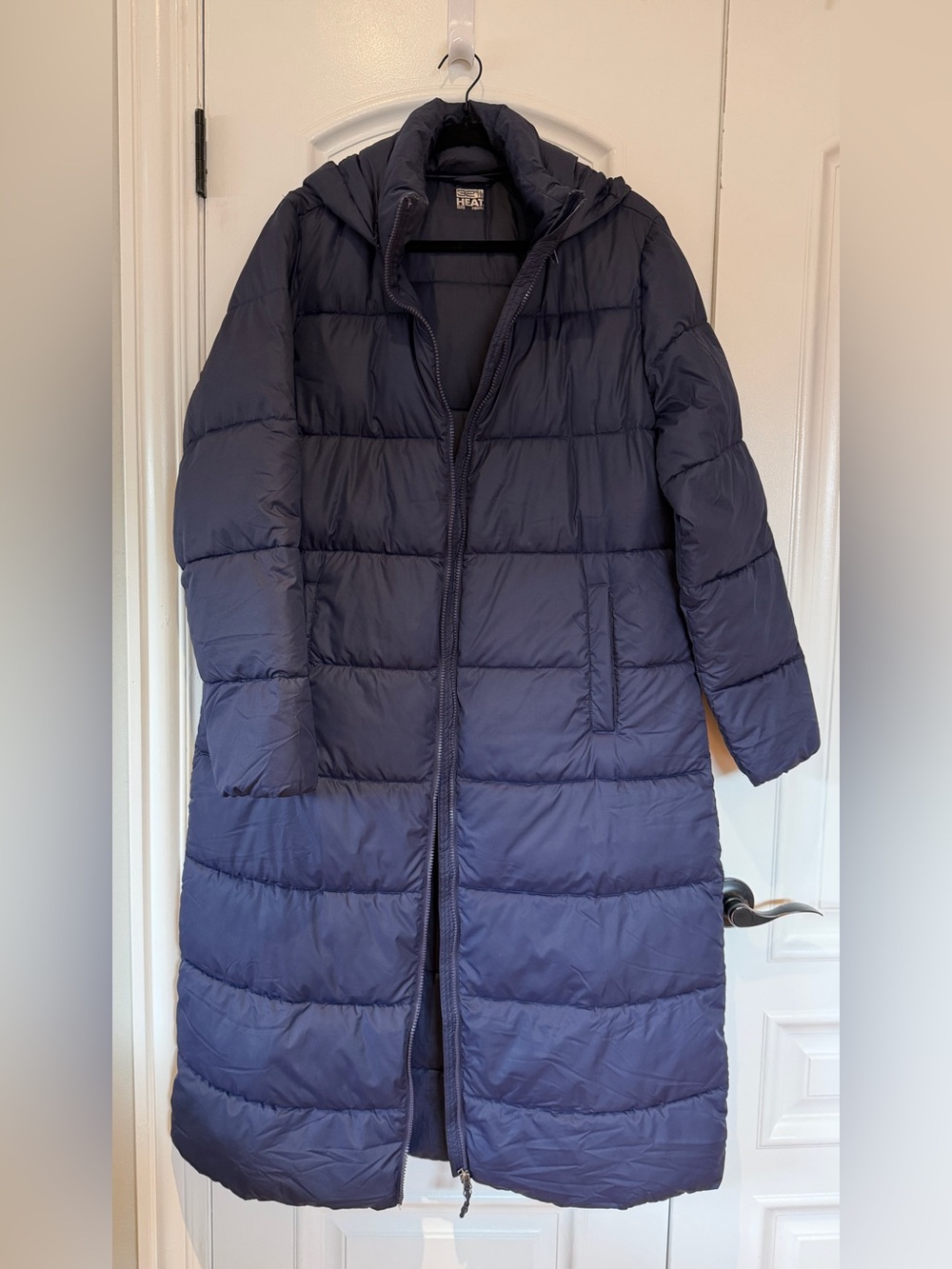 32 Degrees Long Quilted Hooded Puffer Coat - Navy Blue